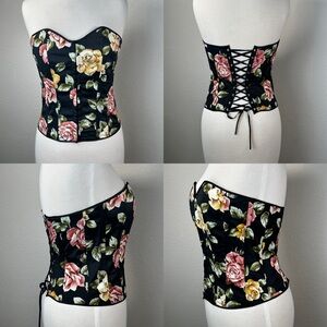 Aziz Black Strapless Old Fashion Foral Lace Up Hook & Eye Corset w/‎ Boning
